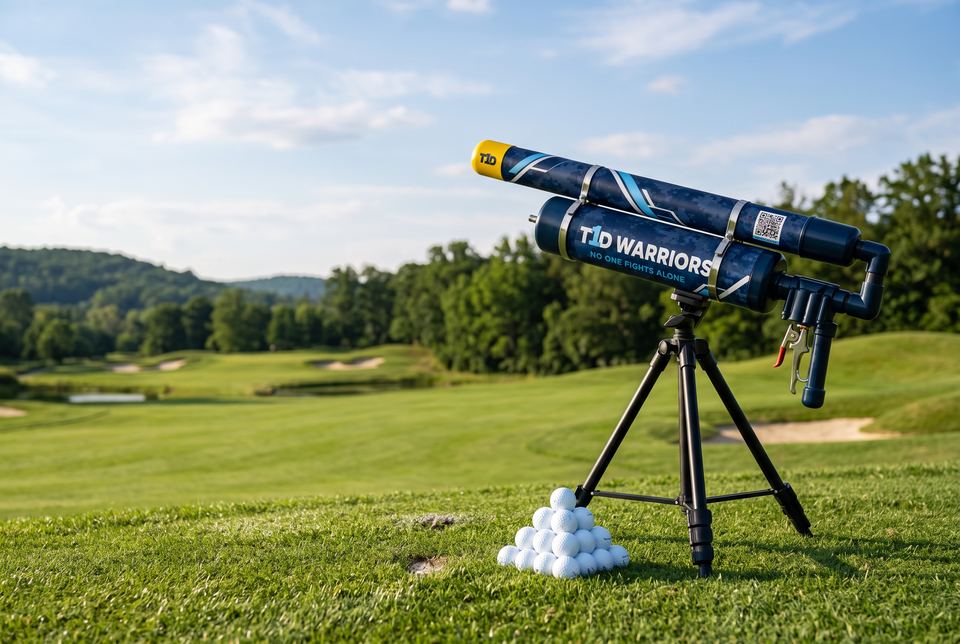 The T1D Warriors golf ball cannon on its tripod at a tournament activation, positioned beside the fairway where players take their shots.