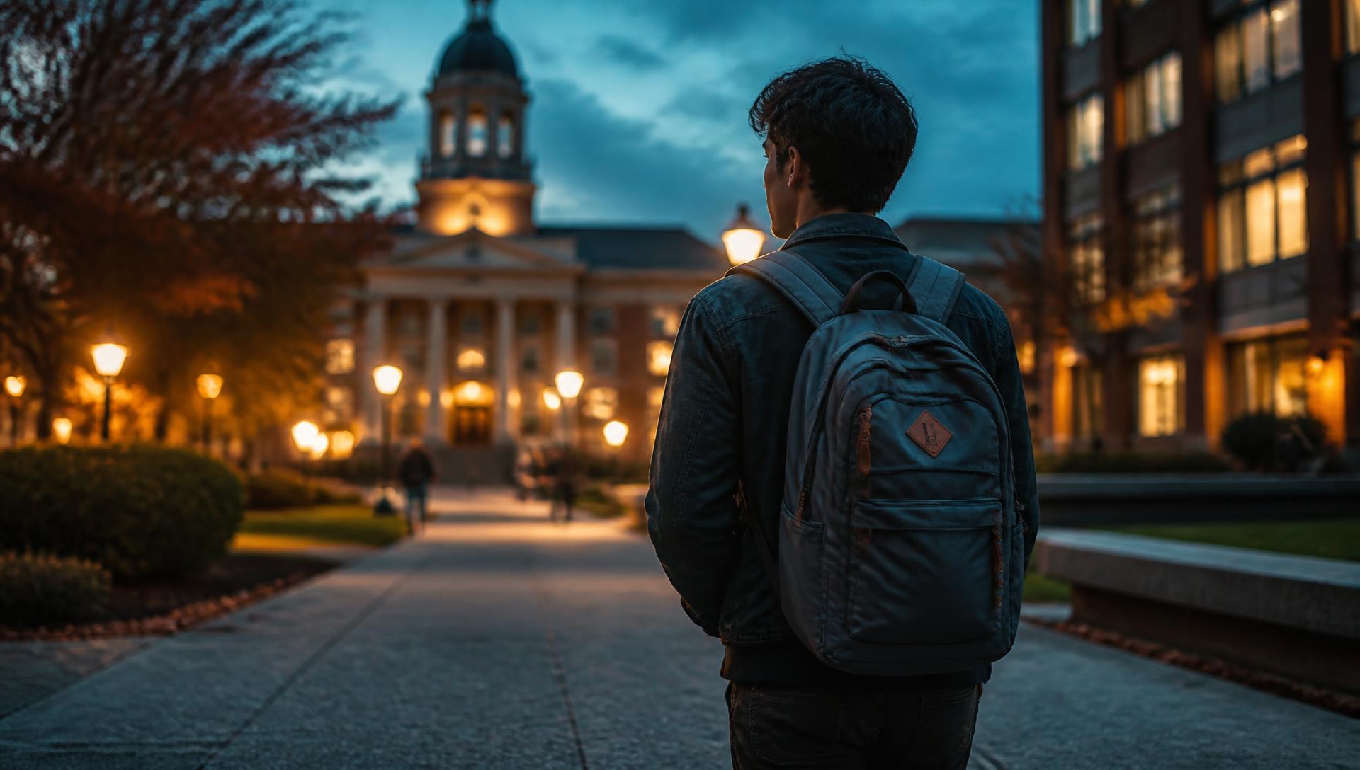 College student walking across campus
