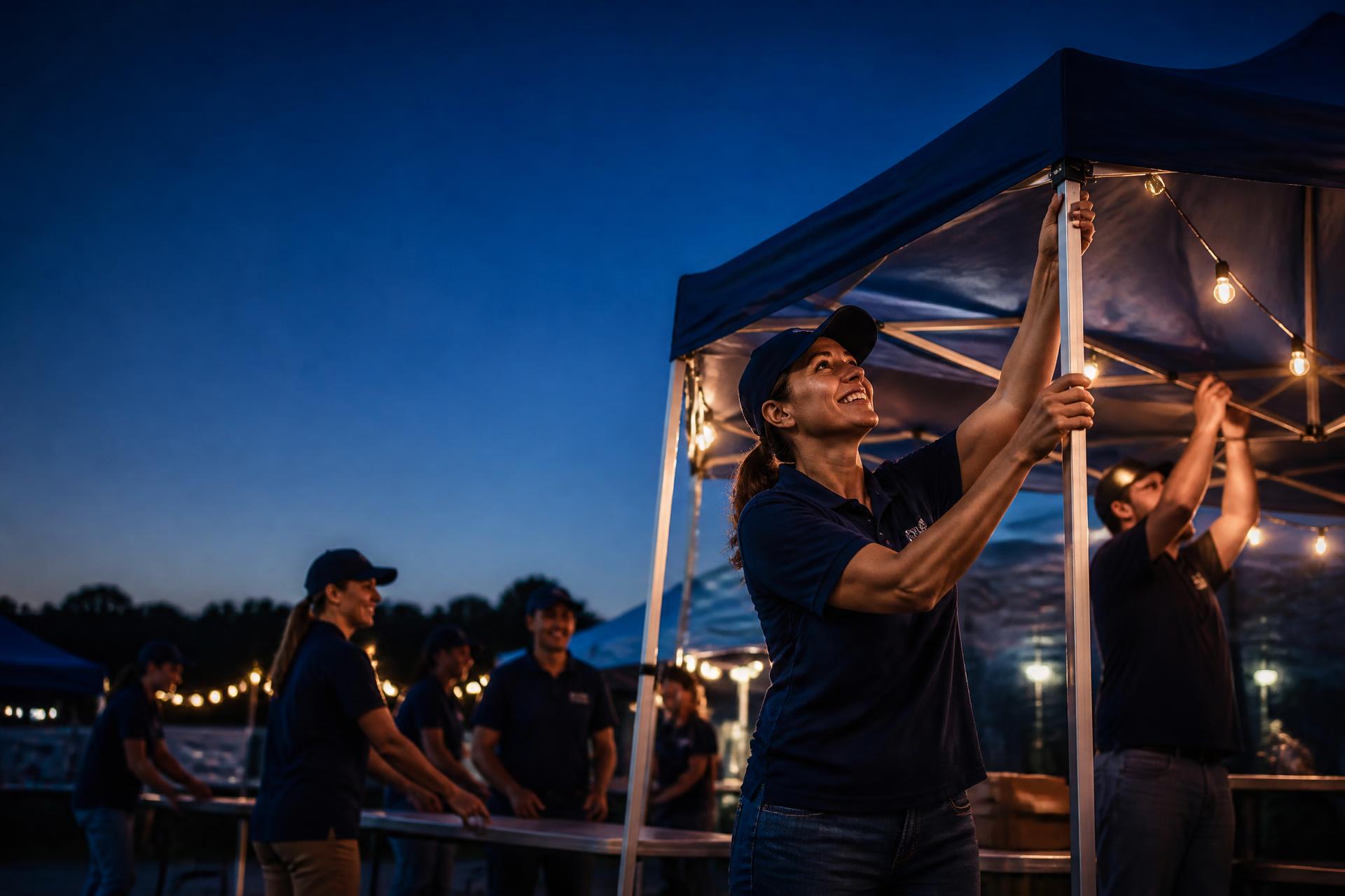 T1D Warriors volunteers setting up a community event tent at dusk